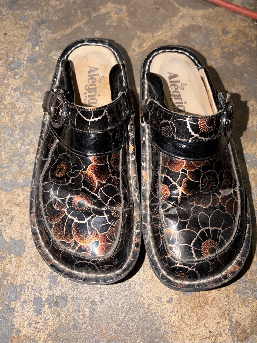 Alegria Seville Clog brown blakc flower print 36/6Us gloss nice used